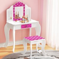 Kids Dressing Table Vanity Makeup Chair Set Wooden 3 Mirror Drawer
