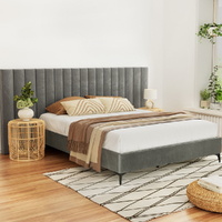 Bed Frame Bed Base w Oversized Headboard Velvet Fabric Grey