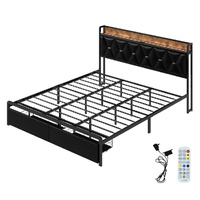 Metal Bed Frame LED Lights 2 Drawers