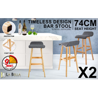 2X Wooden Bar Stool Dining Chair Fabric SOPHIA 74cm GREY