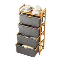 Bamboo Shelf with Storage Hamper – Wooden Organiser with 4 Laundry Bags