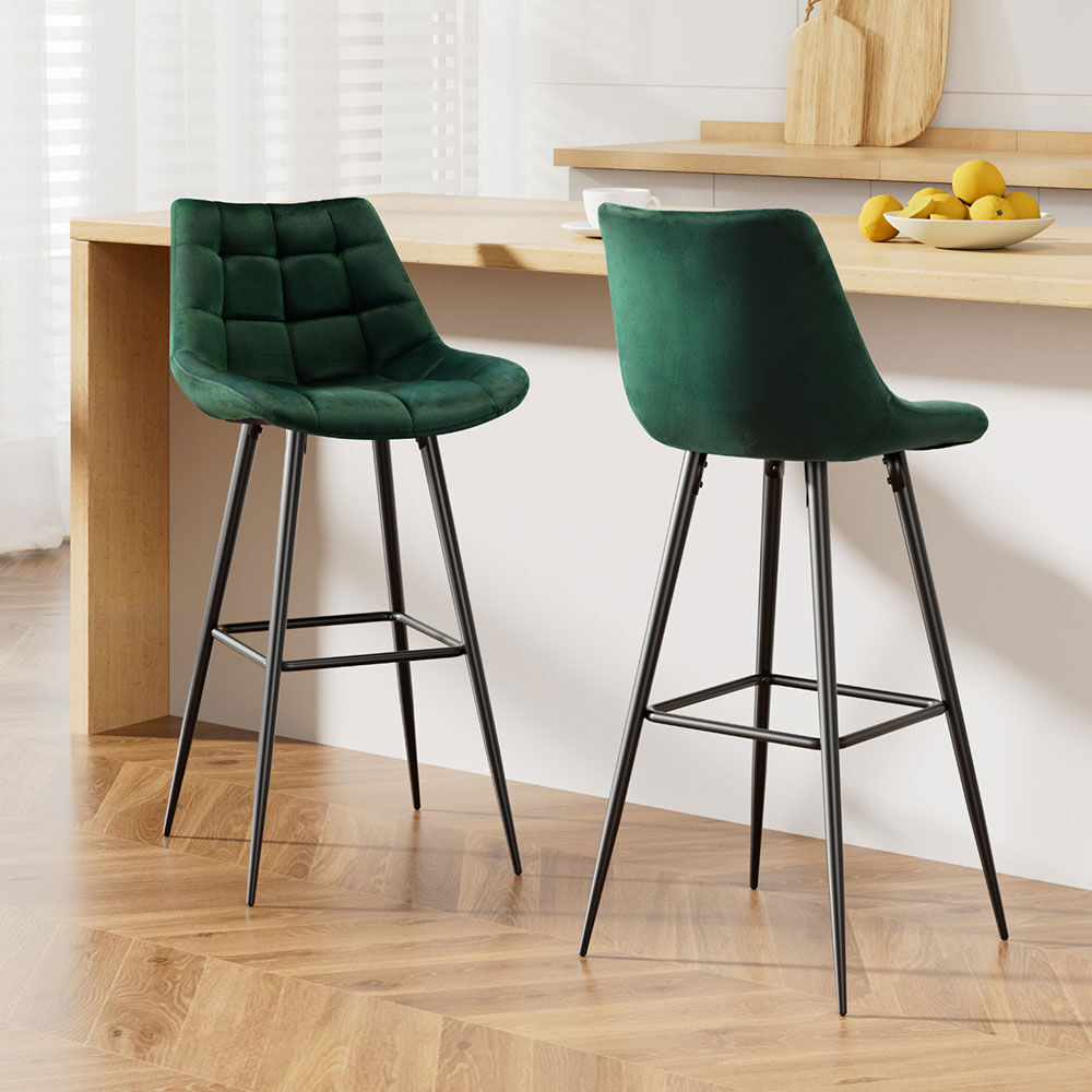 2x Bar Stools Velvet Chairs Green