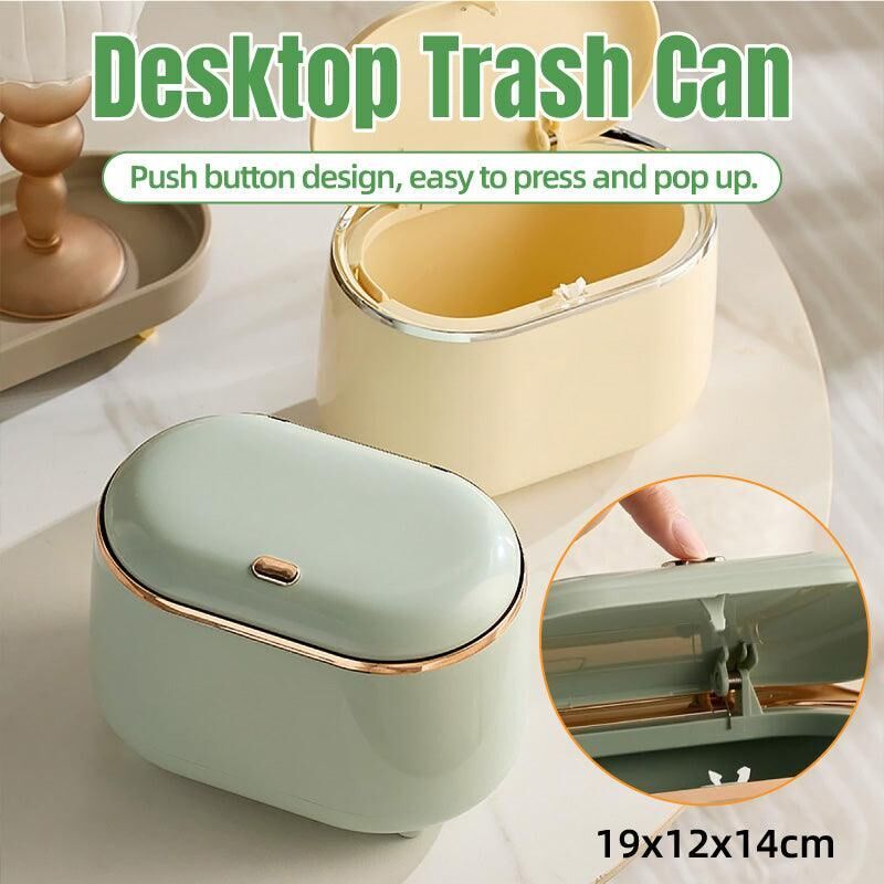 Small Desktop Trash Can Oval Pop Up Lid Rubbish Bin Waste Organizer Container