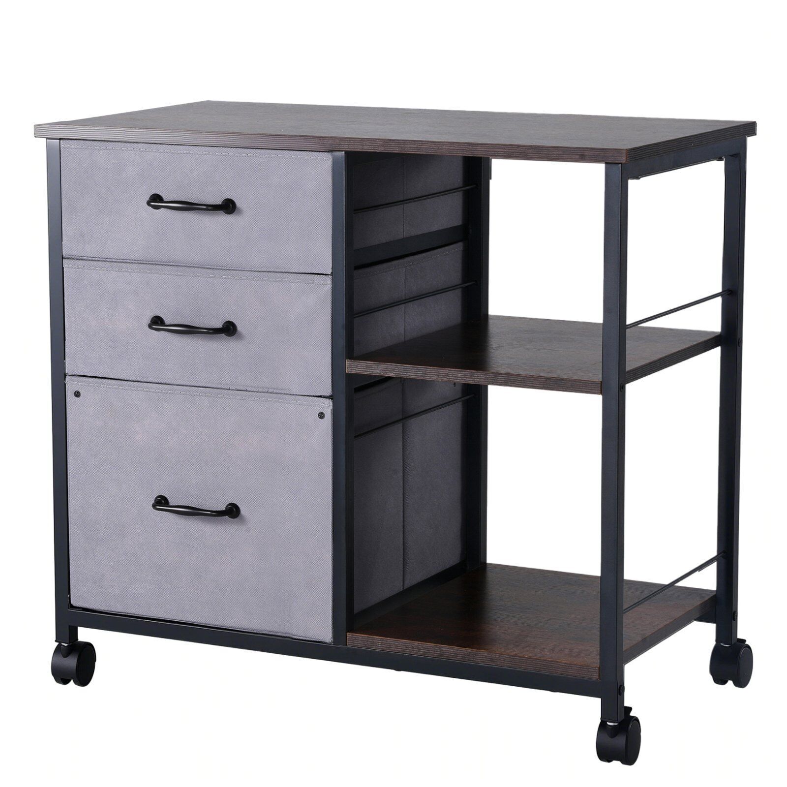 Mobile Metal File Cabinet with 3 Fabric Drawers and 2 Open Shelves