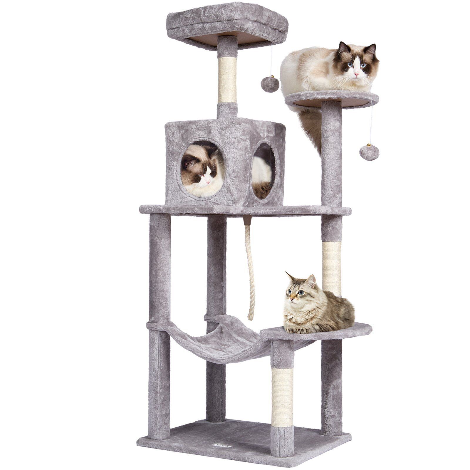 VEVOR Cat Tree 143 cm Cat Tower with Cat Condo Sisal Scratching Post Grey