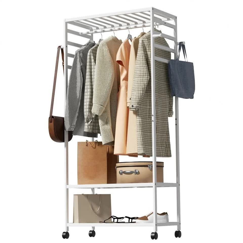 XXL Bamboo Clothes Rail Coat Rack with Wheels, Wooden Open Wardrobe Garment Organizer with Hanging Rod, Shelves and Hooks, White Freestanding Clothes
