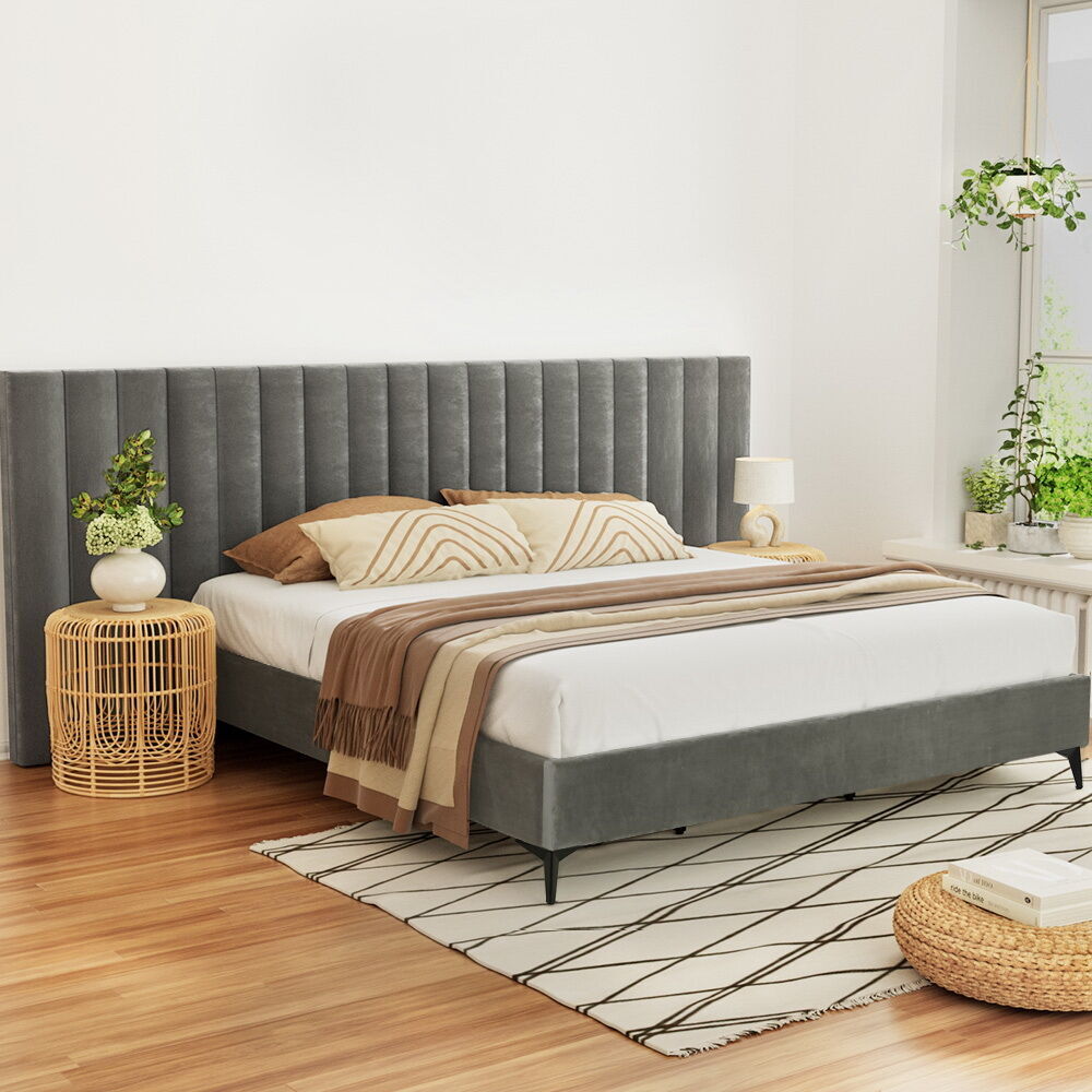 Bed Frame Bed Base w Oversized Headboard Velvet Fabric Grey