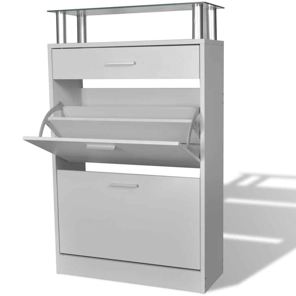 Shoe Cabinet with a Drawer and a Top Glass Shelf Wood