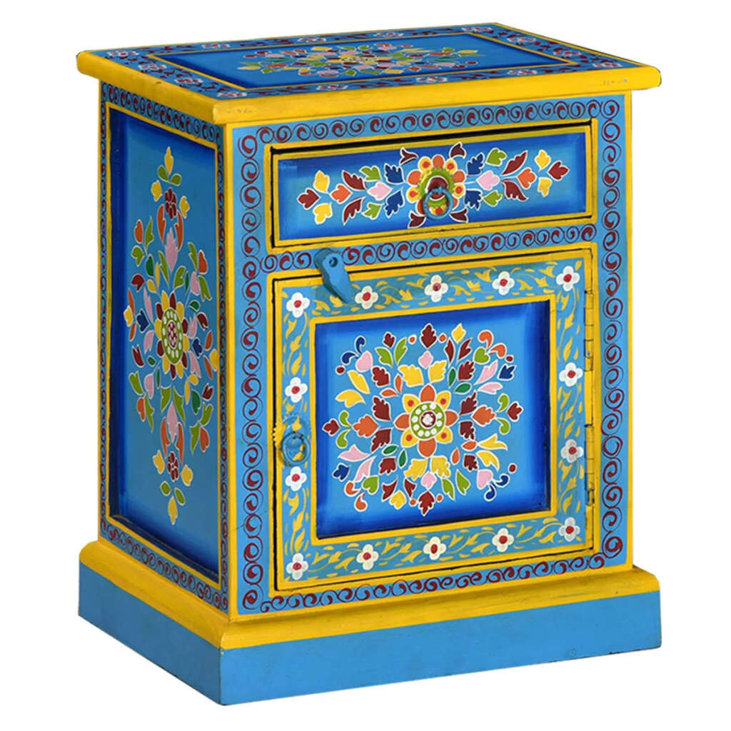 Waltham Bedside Cabinet Solid Mango Wood Turquoise Hand Painted