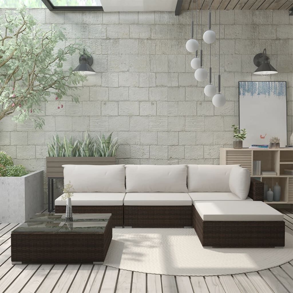 5 Piece Garden Lounge Set with Cushions Poly Rattan