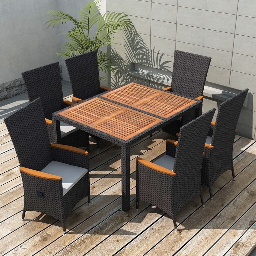 Outdoor Dining Set Poly Rattan Acacia Wood Black