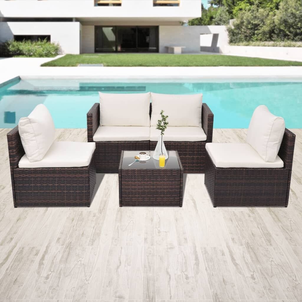 5 Piece Garden Lounge Set with Cushions Poly Rattan