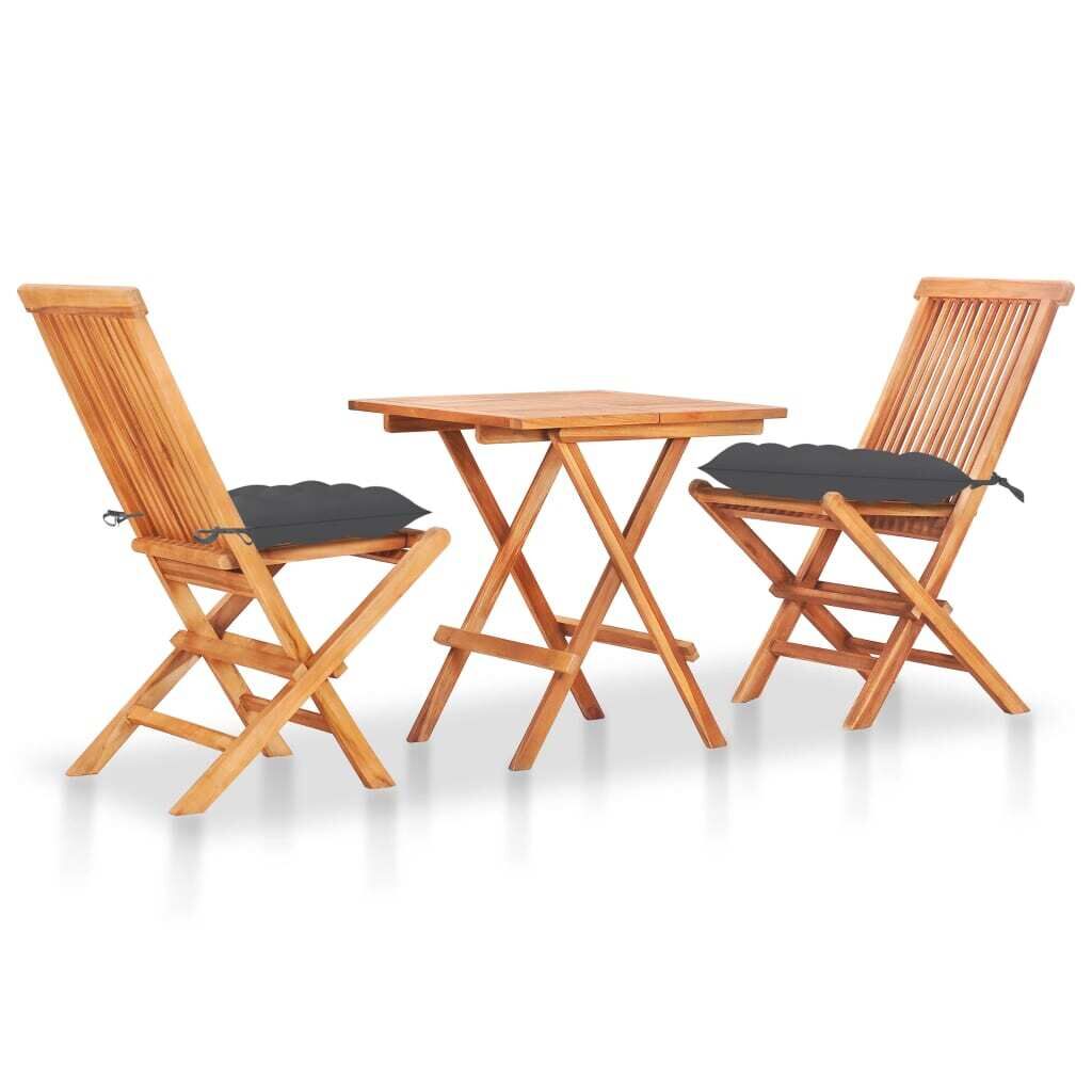 3 Piece Bistro Set with Cushions Solid Teak Wood
