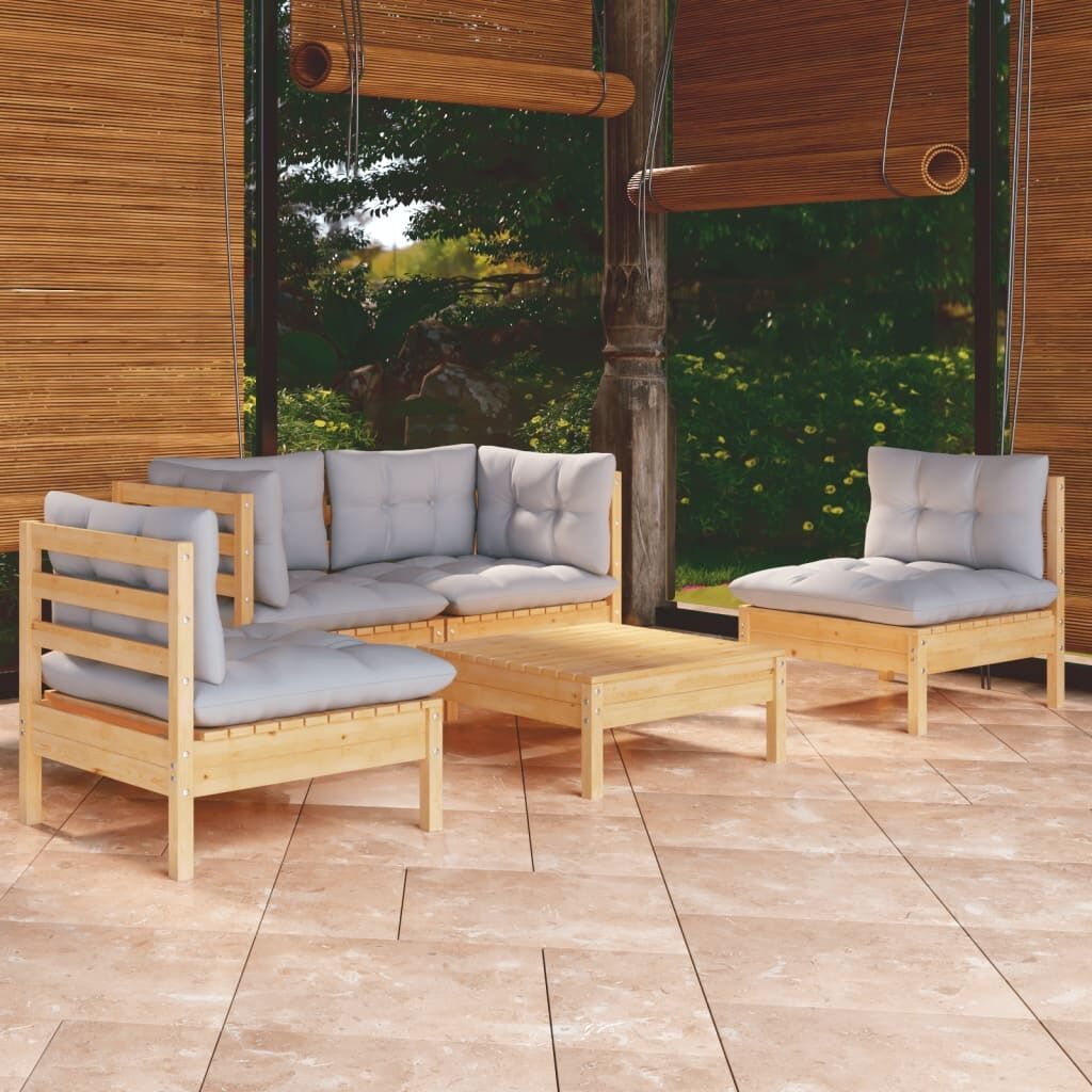 5 Piece Garden Lounge Set with Cushions Solid Pinewood