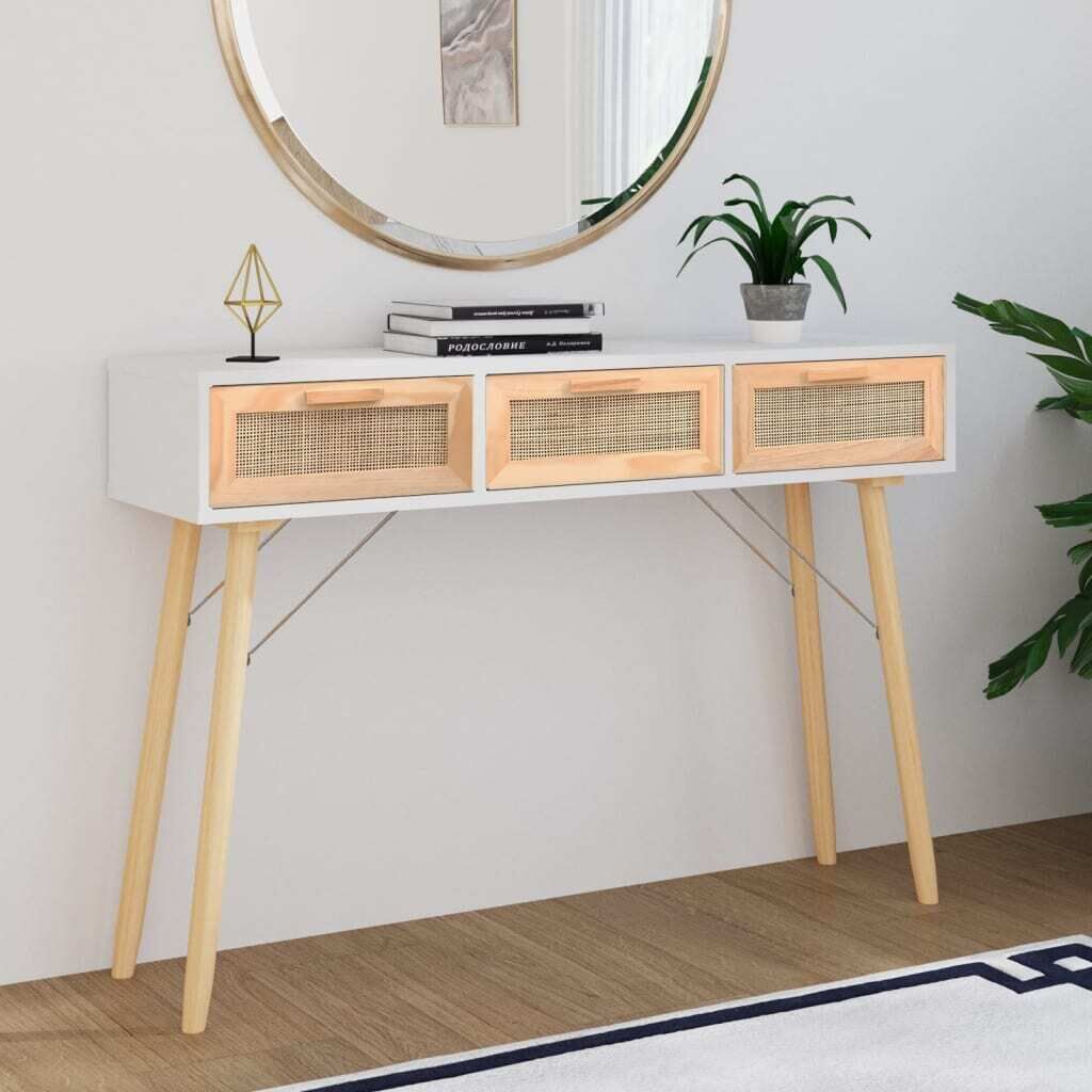 Console Table 105x30x75 cm Solid Wood Pine&Natural Rattan