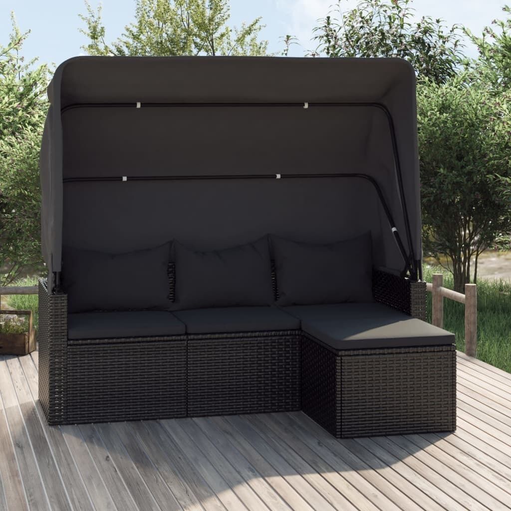 3-Seater Garden Sofa with Roof and Footstool Poly Rattan