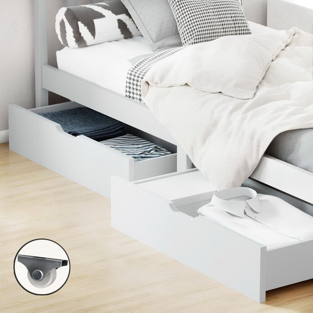 Set of 2 Bed Frame Storage Drawers Timber Trundle for Wooden Bed Frame Base White