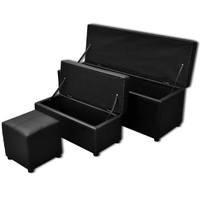 Black Artificial Leather Storage Bench Set Footrest 3 pcs