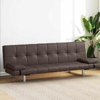 Sofa Bed with Two Pillows Brown Faux Leather