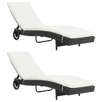 Sun Loungers 2 pcs with Wheels and Cushions Poly Rattan Black