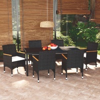 7 Piece Garden Dining Set with Cushions Poly Rattan Black