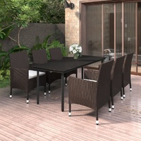 7 Piece Garden Dining Set with Cushions Poly Rattan and Glass