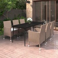 7 Piece Garden Dining Set with Cushions Poly Rattan and Glass
