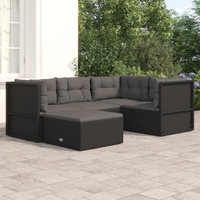 5 Piece Garden Lounge Set with Cushions Black Poly Rattan