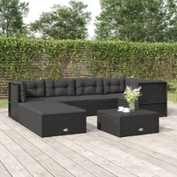 7 Piece Garden Lounge Set with Cushions Black Poly Rattan