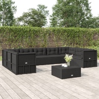 9 Piece Outdoor Sofa Set with Cushions Black Poly Rattan