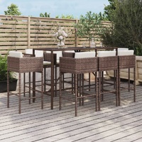 9 Piece Garden Bar Set with Cushions Brown Poly Rattan