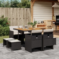 9 Piece Garden Dining Set with Cushions Black Poly Rattan