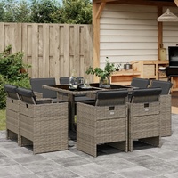 9 Piece Garden Dining Set with Cushions Grey Poly Rattan