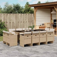 13 Piece Garden Dining Set with Cushions Beige Poly Rattan
