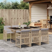 7 Piece Garden Dining Set with Cushions Beige Poly Rattan