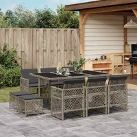 11 Piece Garden Dining Set with Cushions Grey Poly Rattan