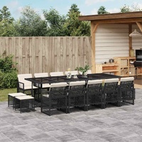 15 Piece Garden Dining Set with Cushions Black Poly Rattan
