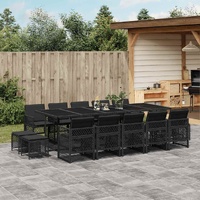 15 Piece Garden Dining Set with Cushions Black Poly Rattan