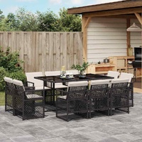 11 Piece Garden Dining Set with Cushions Black Poly Rattan