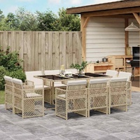 11 Piece Garden Dining Set with Cushions Beige Poly Rattan