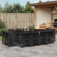 13 Piece Garden Dining Set with Cushions Black Poly Rattan
