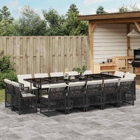 15 Piece Garden Dining Set with Cushions Black Poly Rattan