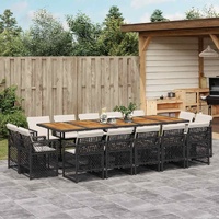 15 Piece Garden Dining Set with Cushions Black Poly Rattan