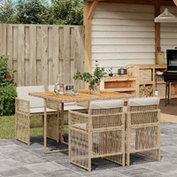 5 Piece Garden Dining Set with Cushions Beige Poly Rattan