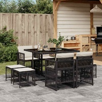 9 Piece Garden Dining Set with Cushions Black Poly Rattan