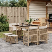 9 Piece Garden Dining Set with Cushions Beige Poly Rattan