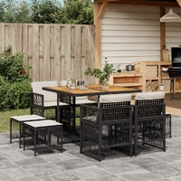 9 Piece Garden Dining Set with Cushions Black Poly Rattan