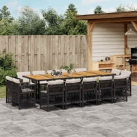 15 Piece Garden Dining Set with Cushions Black Poly Rattan