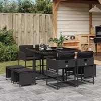 9 Piece Garden Dining Set with Cushions Black Poly Rattan