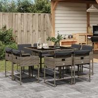9 Piece Garden Dining Set with Cushions Grey Poly Rattan